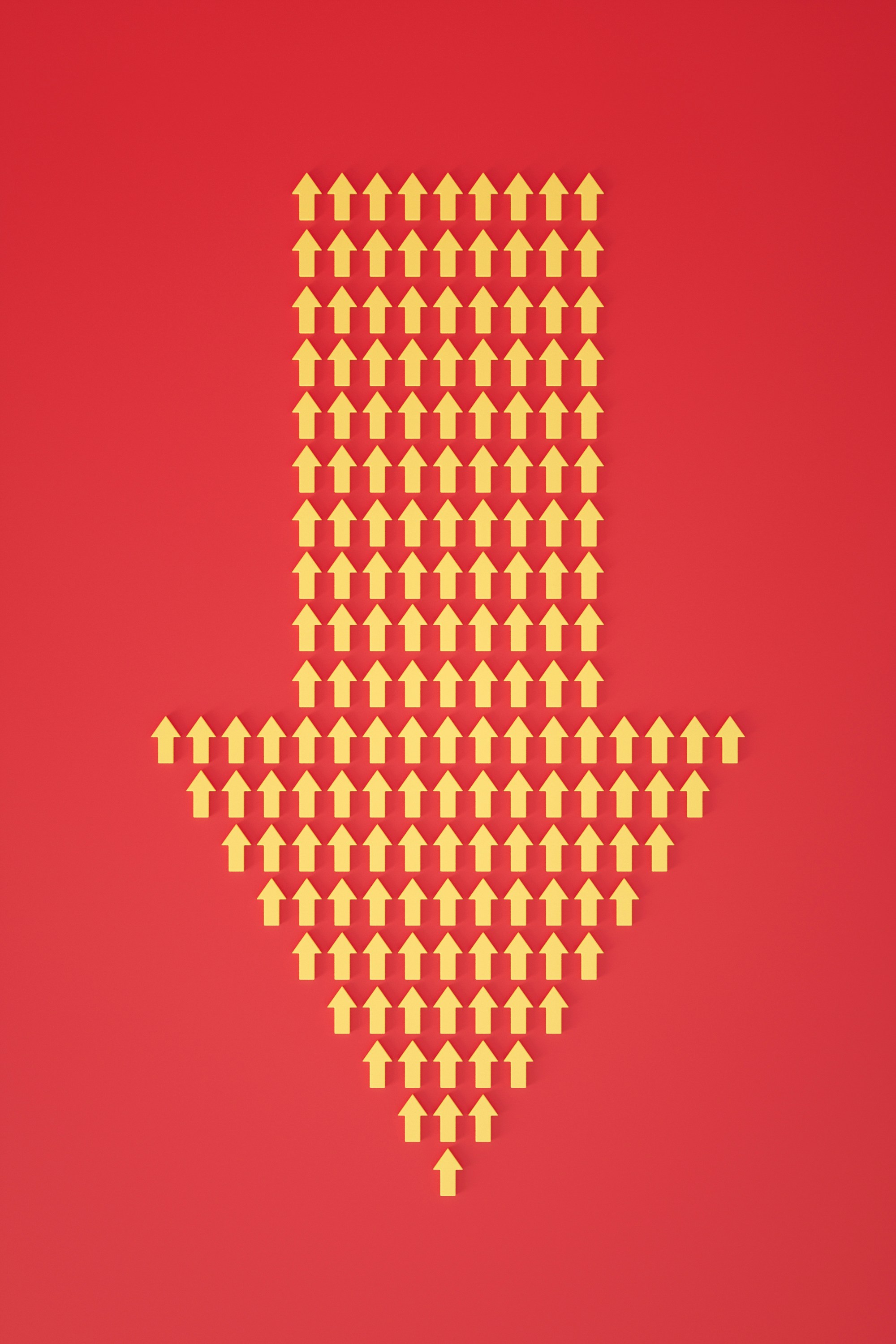 a red background with a yellow dotted arrow